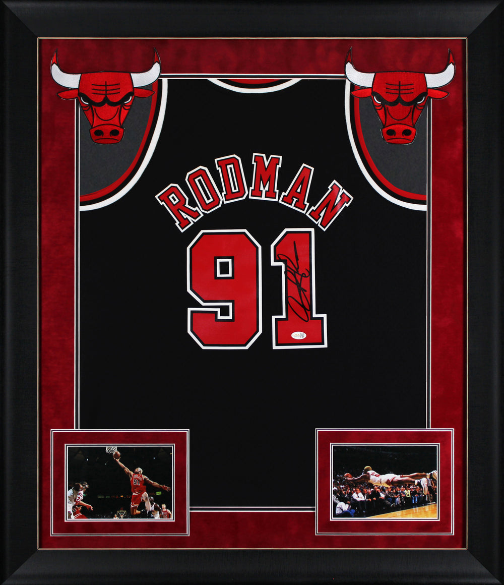 Bulls Dennis Rodman Signed Black M&N HWC Swingman Framed Jersey w/ Black Sig JSA