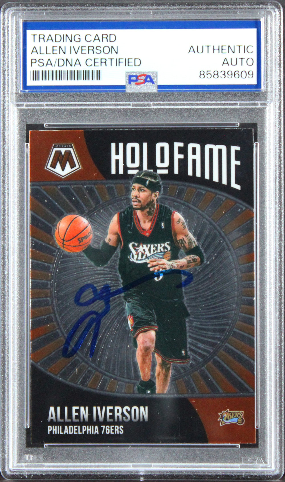 76ers Allen Iverson Signed 2020 Panini Mosaic Holofame #1 Card PSA/DNA Slabbed