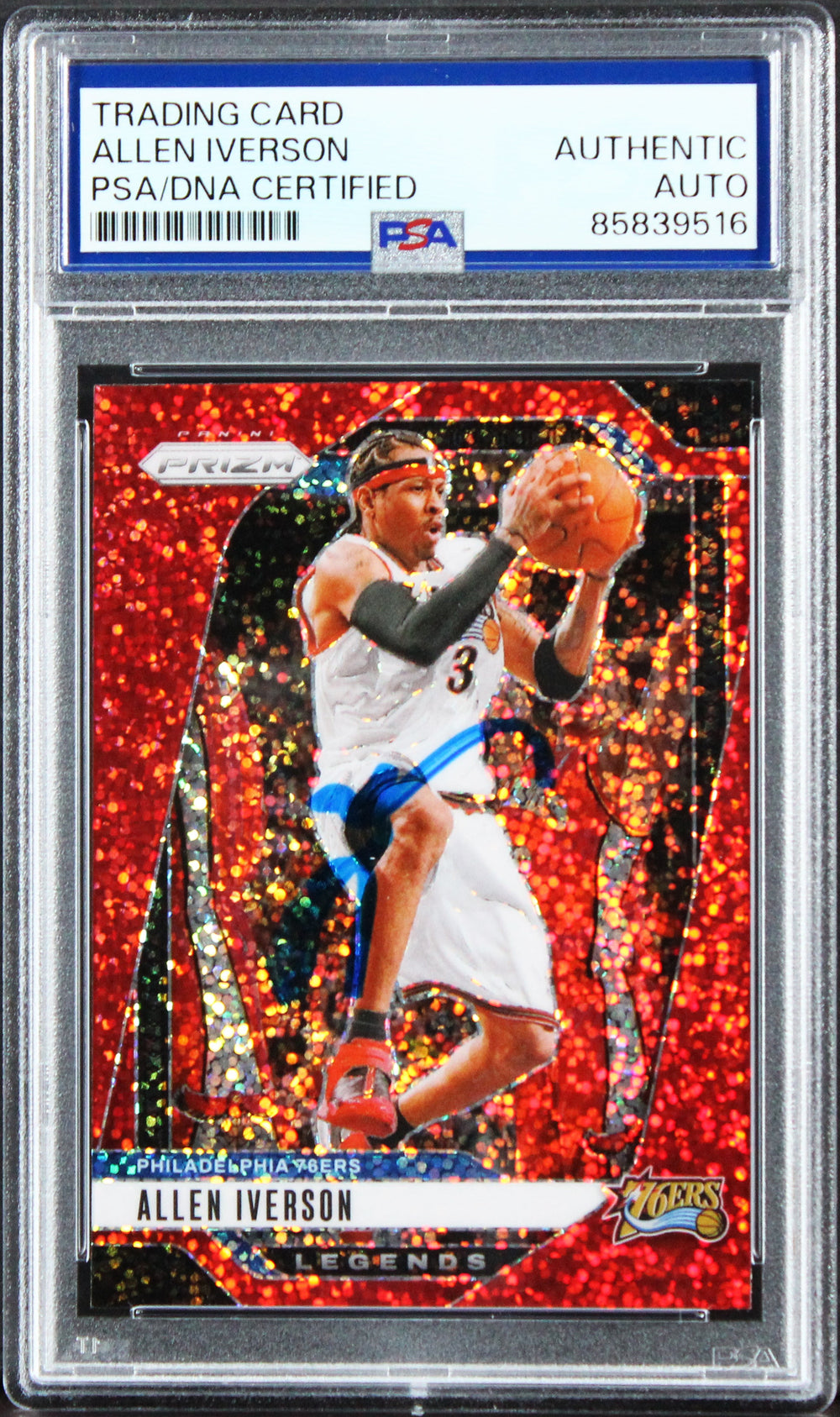76ers Allen Iverson Signed 2024 Panini Prizm Red Sparkle #291 Card PSA/DNA Slab