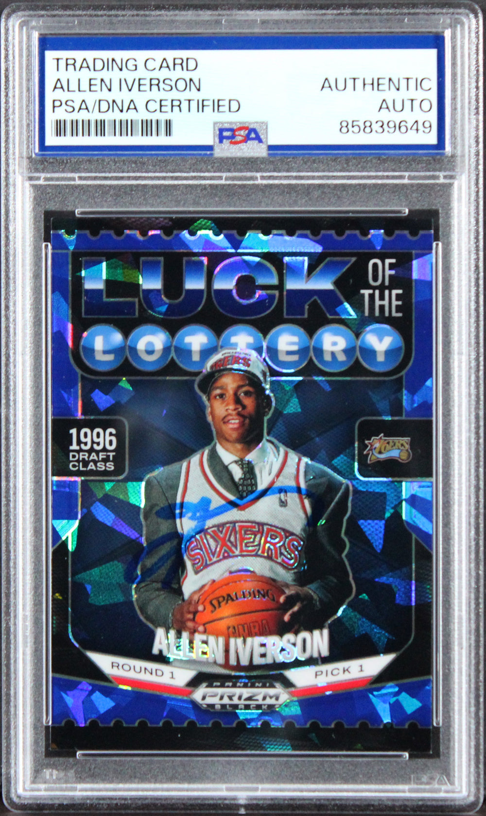 76ers Allen Iverson Signed 2024 Panini Prizm Lottery #1 67/125 Card PSA/DNA Slab