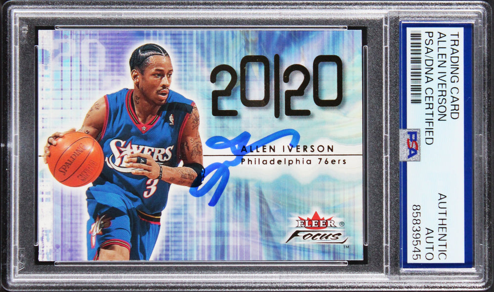 76ers Allen Iverson 2000 Fleer Focus 20/20 #218 Card Autographed PSA/DNA Slabbed
