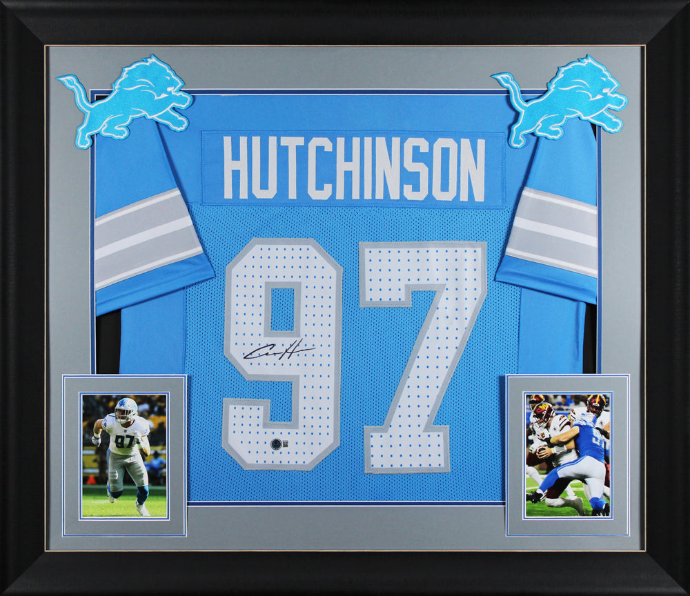 Aidan Hutchinson Authentic Signed Blue Pro Style Framed Jersey BAS Witnessed 3