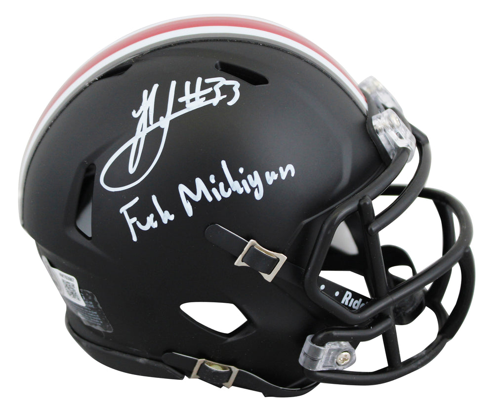 Ohio State Jack Sawyer "F*** Michigan" Signed Black Speed Mini Helmet BAS Wit