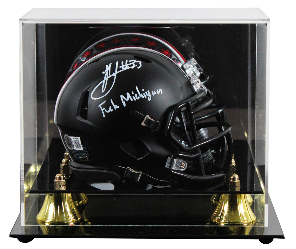 OSU Jack Sawyer "F*** Michigan" Signed Black Speed Mini Helmet W/ Case BAS Wit