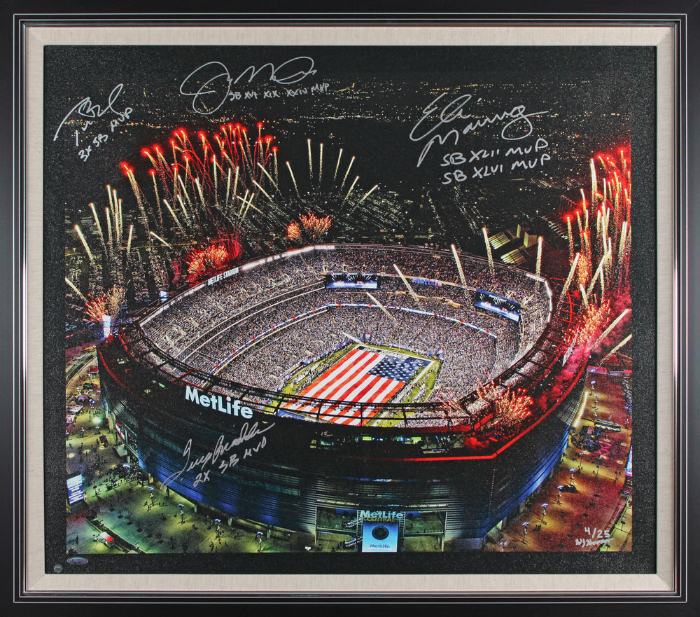 SB MVPs (4) Brady, Montana, Bradshaw & Manning Signed & Framed 28x32 Canvas BAS