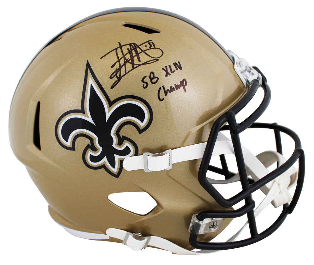 Saints Jonathan Vilma "SB XLIV Champ" Signed Full Size Speed Rep Helmet JSA Wit