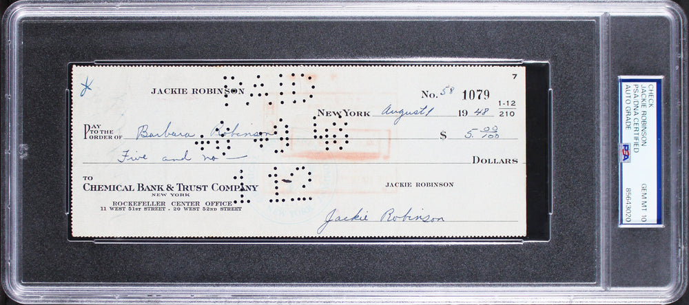 Dodgers Jackie Robinson Signed 3x8.15 1948 Check Auto Graded 10! PSA/DNA Slabbed