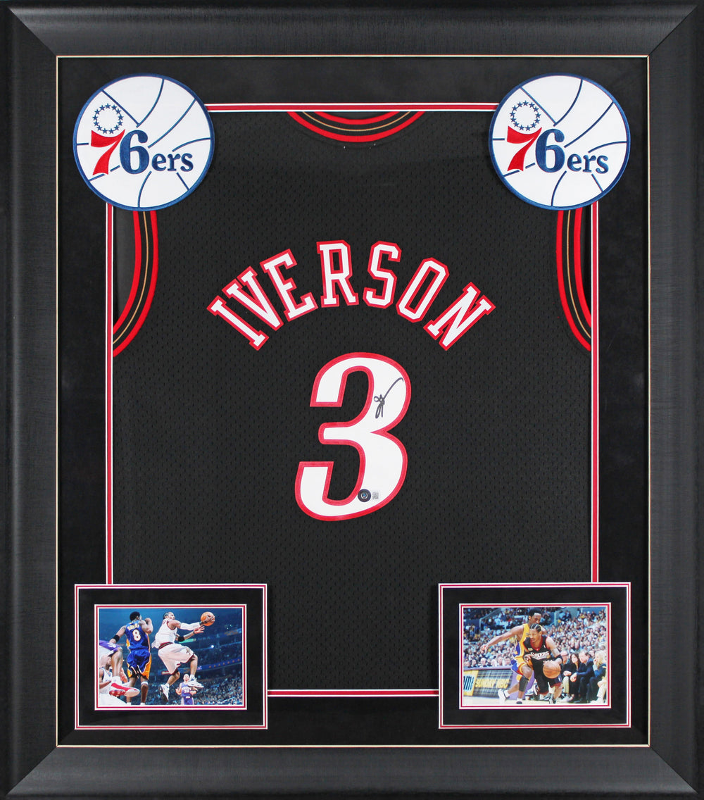 76ers Allen Iverson Signed Black M&N HWC Swingman Framed Jersey BAS Witnessed