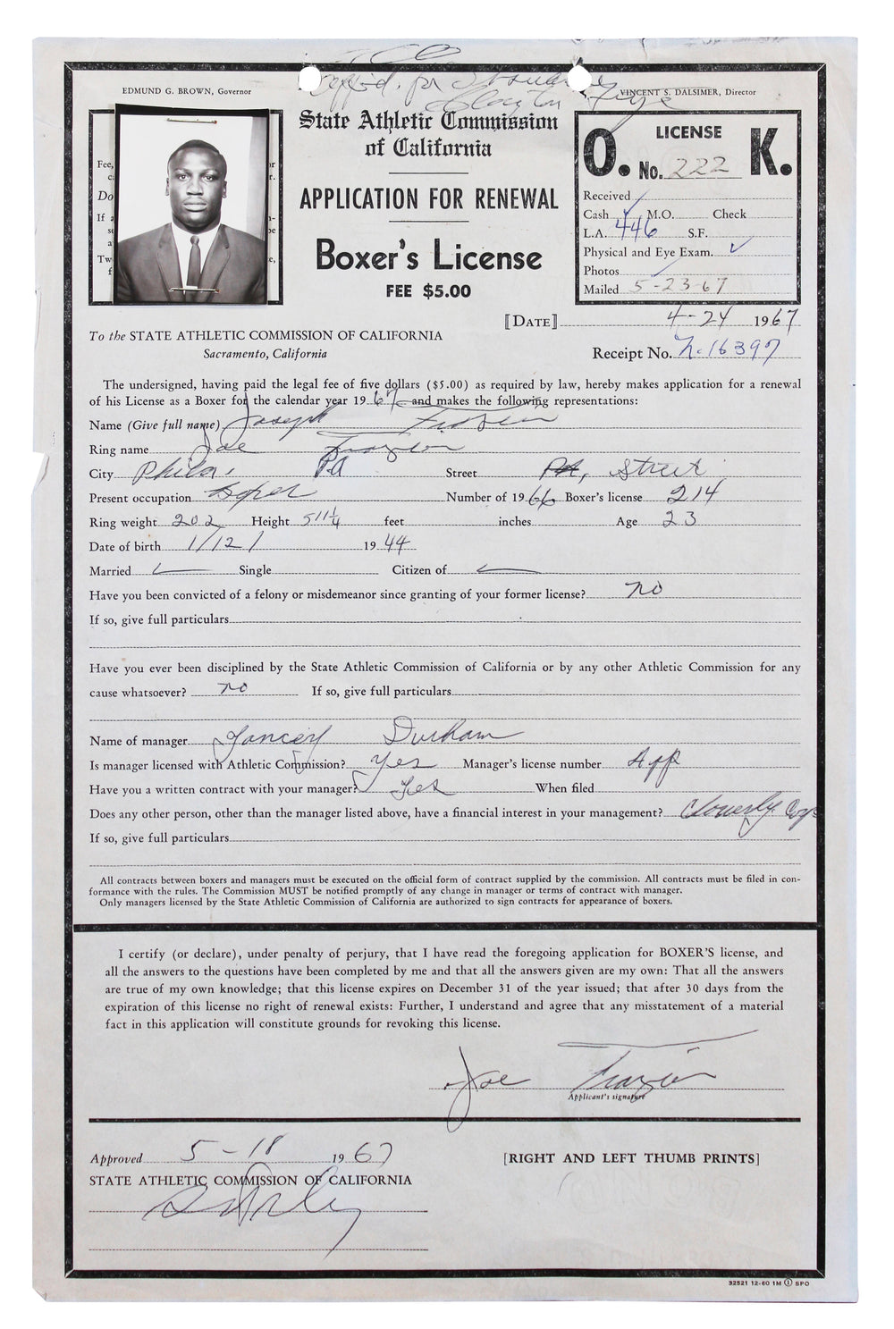 Joe Frazier Authentic Signed 8.5x13 1967 Boxing License Renewal App JSA #ZZ80605