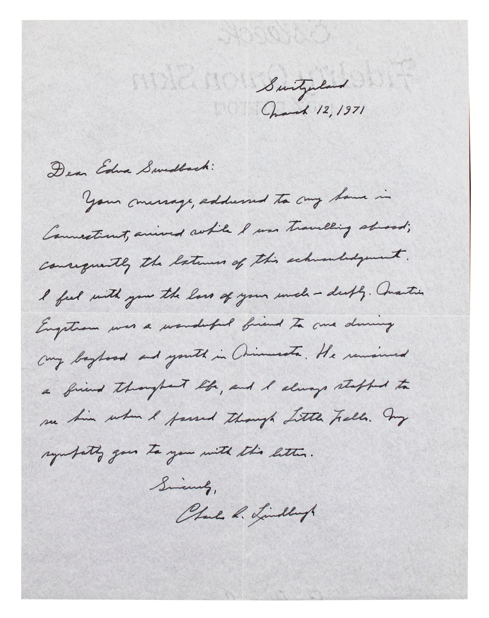 Charles Lindbergh Signed 8.5x11 1971 Handwritten Letter Auto 9! JSA #ZZ80611