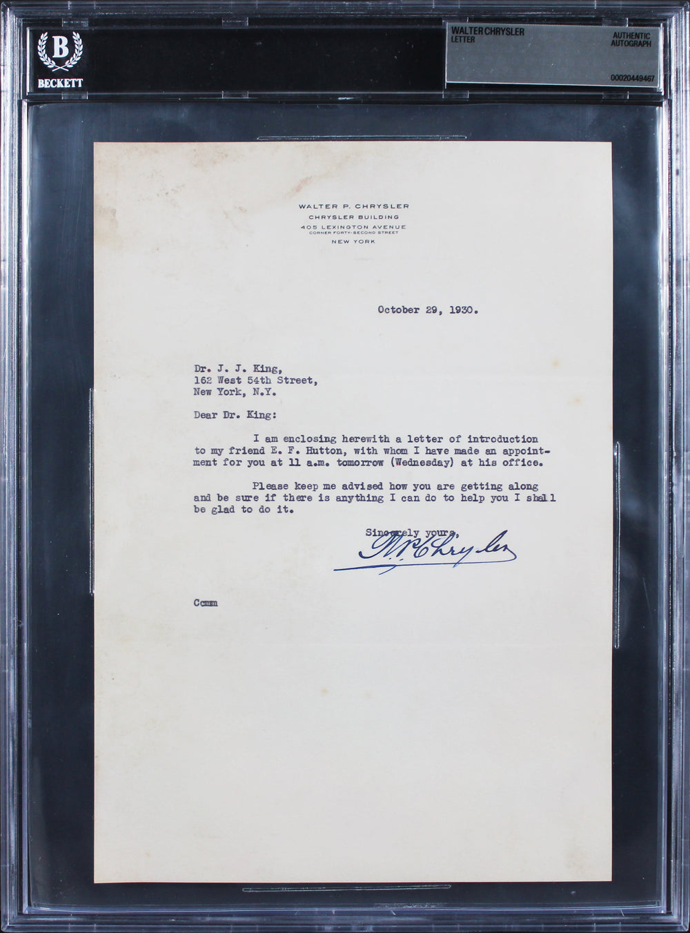 Walter Chrysler Authentic Signed 7.25x10.35 1930 Typed Letter BAS Slabbed