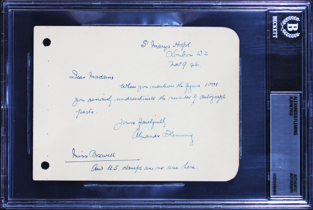 Alexander Fleming Signed 4.5x6 1946 Handwritten Note Album Page BAS Slabbed