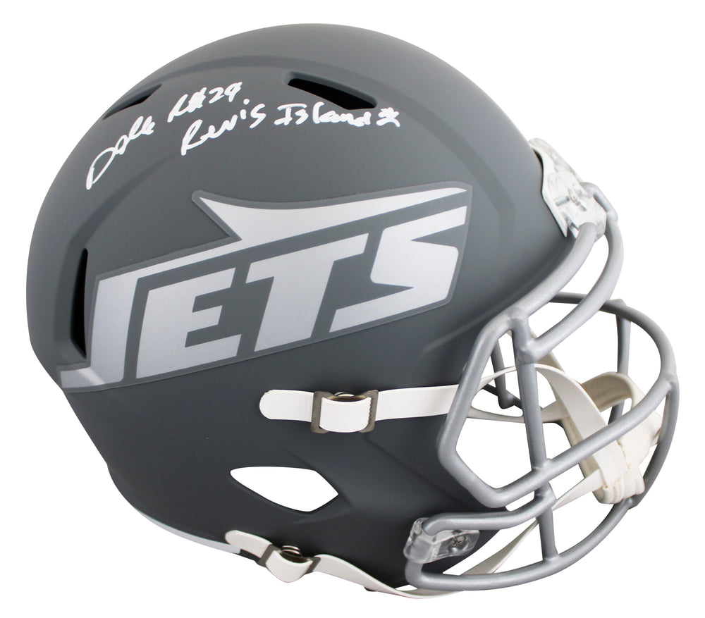 Jets Darrelle Revis "Revis Island" Signed Slate F/S Speed Rep Helmet BAS BW88737