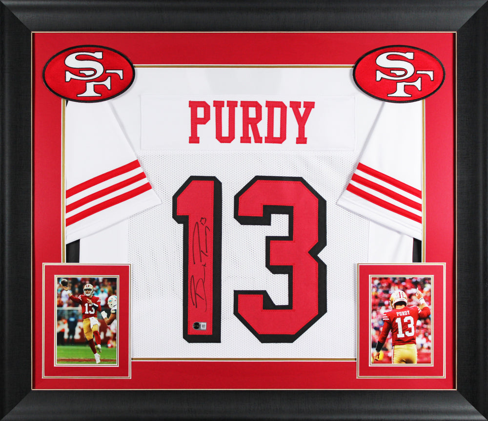 Brock Purdy Signed White Pro Style Framed Jersey w/ Dropshadow BAS Witnessed