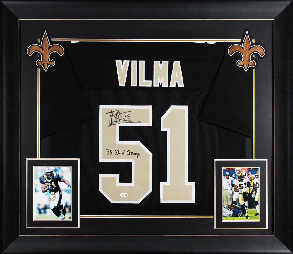 Jonathan Vilma "SB XLIV Champ" Signed Black Pro Style Framed Jersey JSA Witness