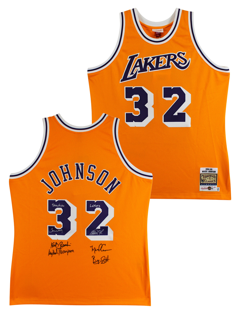 Showtime Lakers (6) Johnson, Worthy +4 Signed Yellow M&N Authentic Jersey BAS W
