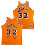 Showtime Lakers (6) Johnson, Worthy +4 Signed Yellow M&N Authentic Jersey BAS W