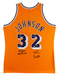 Showtime Lakers (6) Johnson, Worthy +4 Signed Yellow M&N Authentic Jersey BAS W