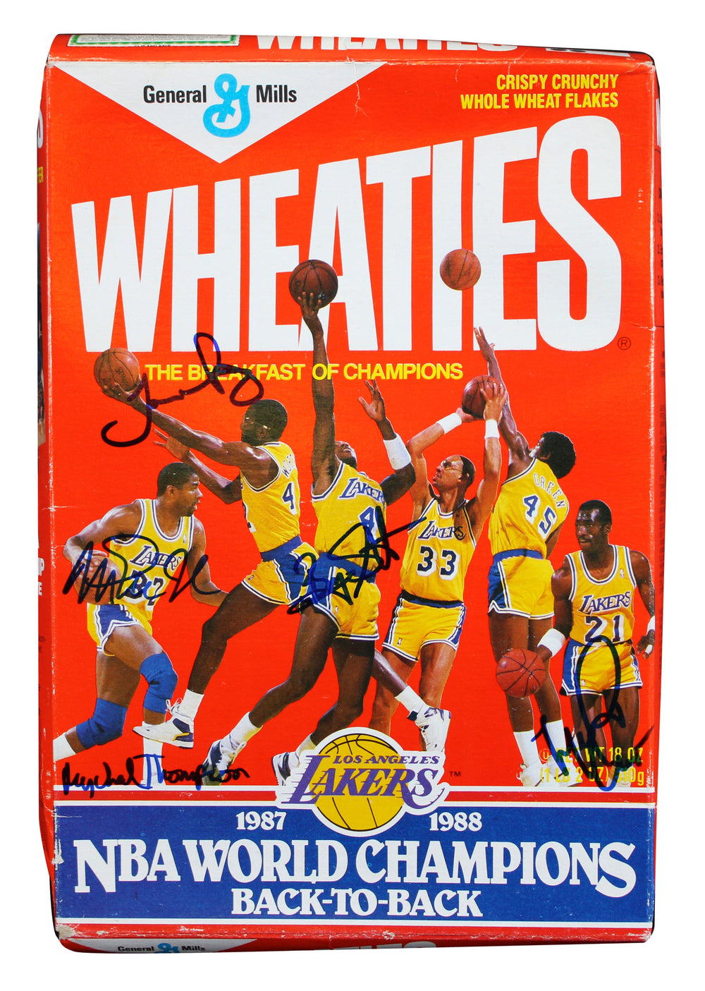 Showtime Lakers (5) Johnson, Worthy, Thompson +2 Signed 1987-88 Wheaties Box BAS