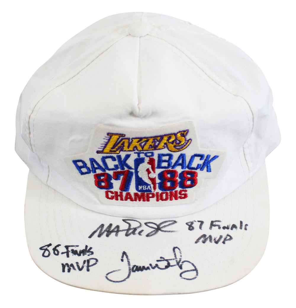 Magic Johnson & James Worthy "Finals MVP" Signed 1987-88 NBA Champions Hat BAS 2