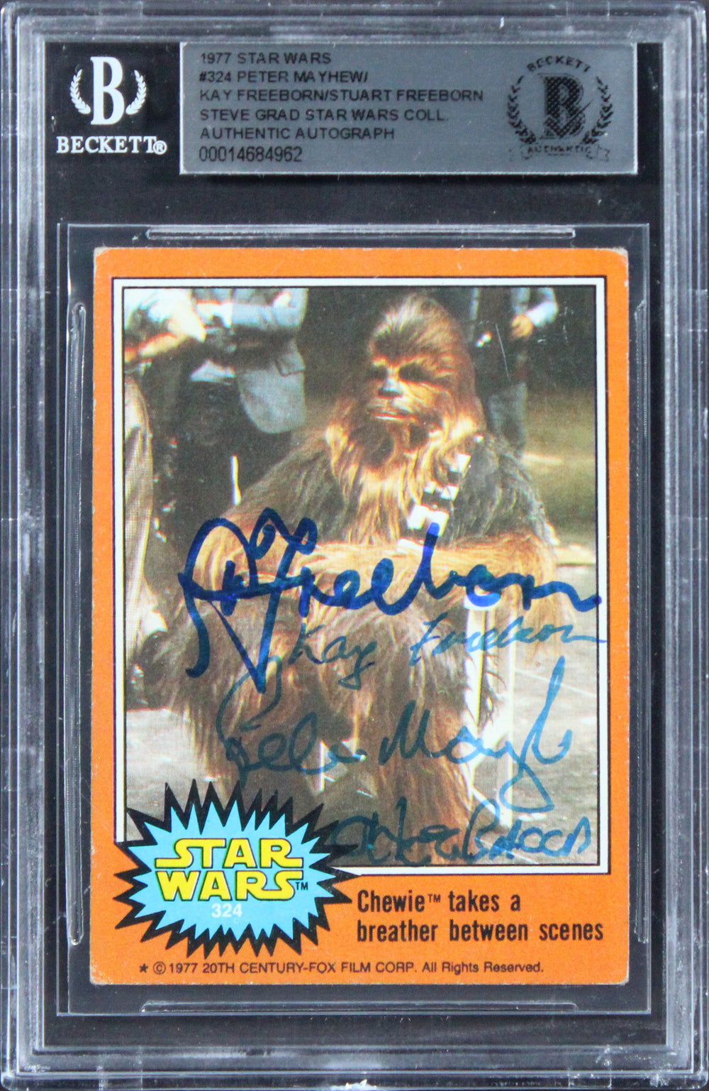 Star Wars (3) Mayhew +2 "Chewbacca" Signed 1977 Star Wars #324 Card BAS Slab 2