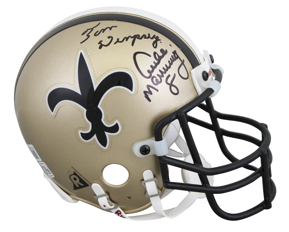 Saints Archie Manning & Tom Dempsey Signed VSR4 Mini Helmet BAS #AD41755