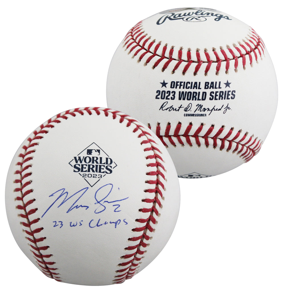 Rangers Marcus Semien "23 WS Champs" Signed 2023 WS Logo OML Baseball BAS Wit