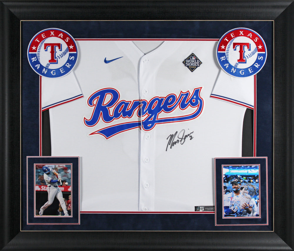 Rangers Marcus Semien Signed White Nike Framed Jersey w/ 2023 WS Patch BAS Wit