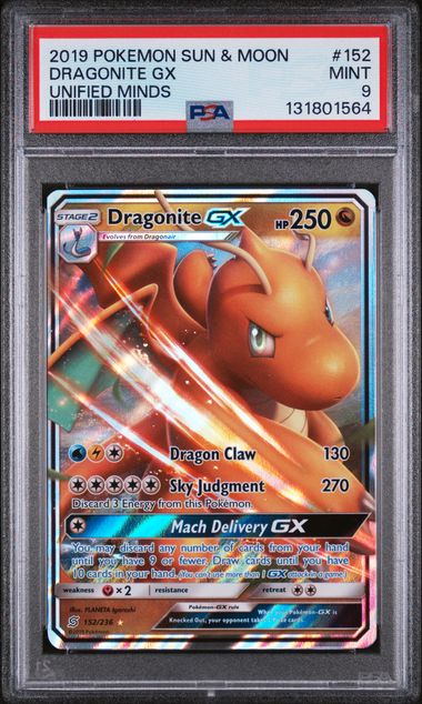 2019 POKEMON UNIFIED MINDS DRAGONITE GX #152 PSA 9