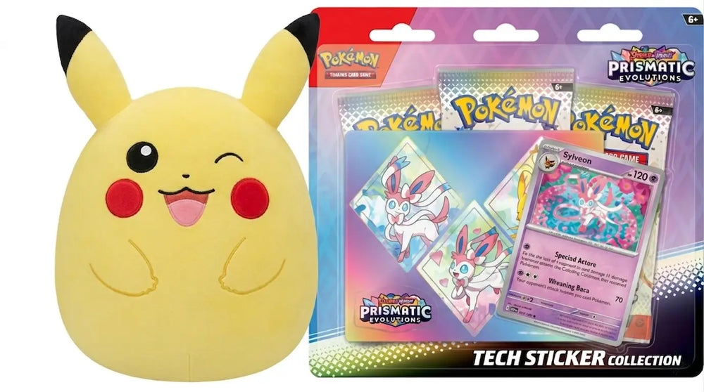 Pokémon TCG: Prismatic Evolutions Tech Sticker Collection Sylveon + Squishmallows 10" Pikachu Bundle
