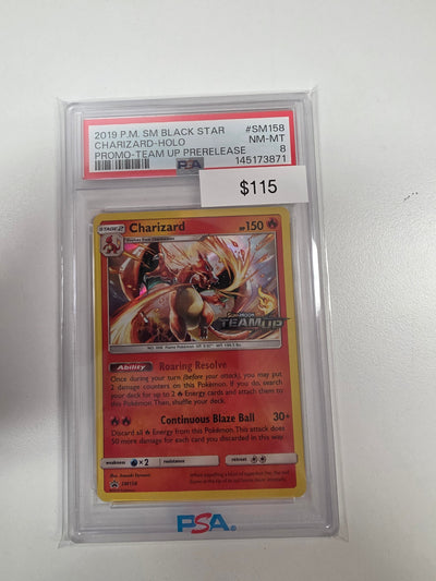 Pokemon Charizard pre-release stamped SM158 PSA 8